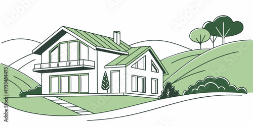 A charming house with a lush green lawn and trees in a serene neighborhood setting. Vector