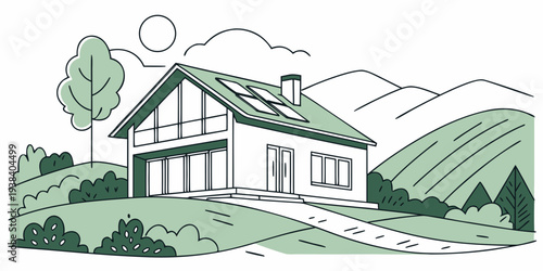 A serene mountain cabin nestled in a peaceful forest landscape with a clear blue sky. Vector