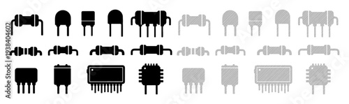 Collection of electronic components in black and gray silhouettes on a white background.