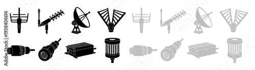 Collection of communication antennas and electronic components on a white background