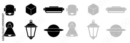 Collection of diverse lighting fixtures and abstract geometric shapes in black and grey