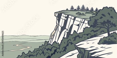 A dramatic cliffside scene overlooking a vast, tranquil ocean Vector