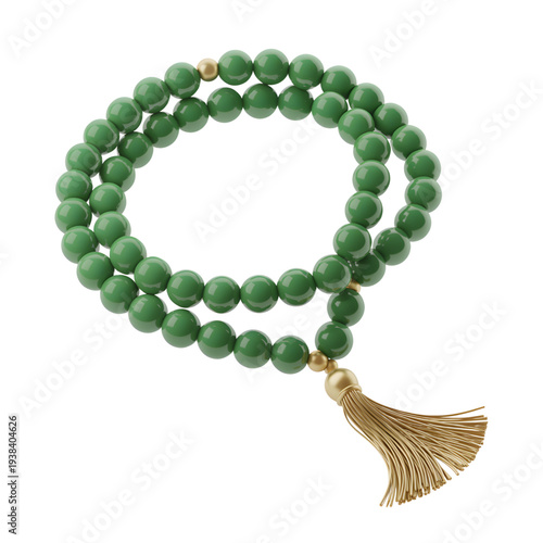 Green mala beads with gold accents and tassel in elegant minimalist style on white background for jewelry advertising