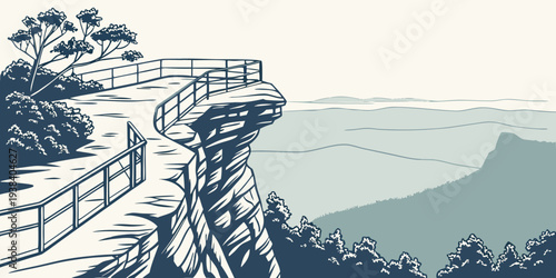 A serene landscape featuring a winding bridge over a tranquil river valley Vector