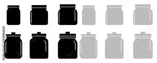 Collection of black and grey glass jars with lids, arranged in two rows.