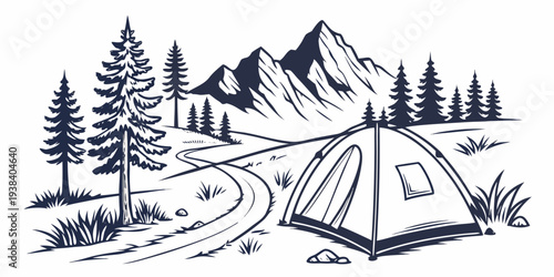 A scenic campsite nestled in a forest with towering mountains in the background. Vector