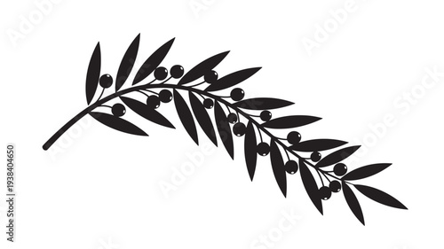 Branch olive with black olives and green leaves, simple icon for design. featuring graphic, nature, plant with fruit and agriculture elements for