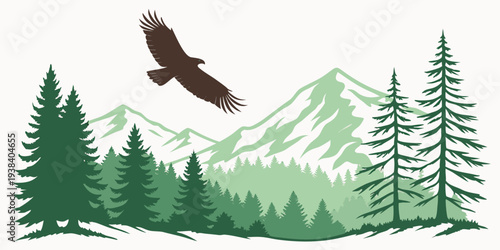 Majestic eagle soaring over a serene mountain landscape with dense forest Vector