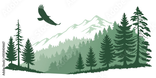 A majestic eagle soaring over a serene mountain forest landscape Vector