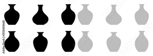 A collection of black and gray vases arranged in a grid pattern, showcasing symmetry and contrast.