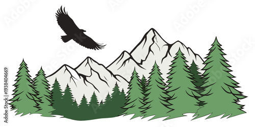 A majestic eagle soaring above a serene mountain landscape with lush green trees Vector