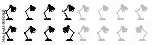 Row of adjustable desk lamps transitioning from black to gray against a white background.