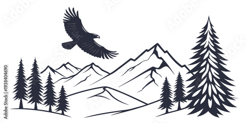 A majestic black bird soars over a serene mountain landscape with pine trees. Vector