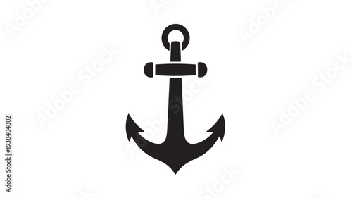 Anchor silhouette with traditional design and rope loop for marine use and maritime symbols featuring black, icon, nautical with sea and ocean