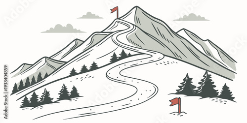 A scenic winter landscape with a winding road leading to a snow-covered mountain peak Vector