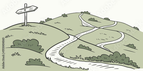 A scenic view of a winding path leading to a small cross on a hilltop. Vector