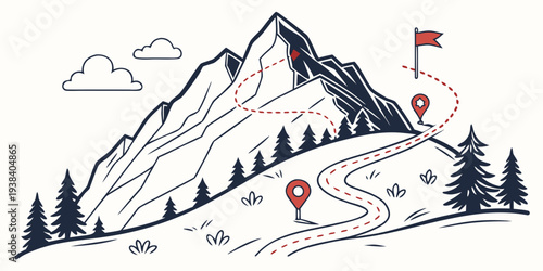 A group of people hiking up a steep mountain trail with a flag at the top Vector