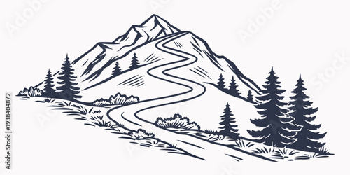 A serene mountain landscape with a winding path and dense forest Vector