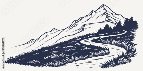 Majestic mountain landscape with flowing river and lush greenery Vector