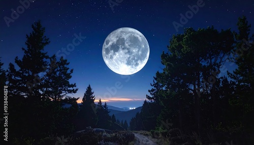 A serene nighttime landscape with a large moon