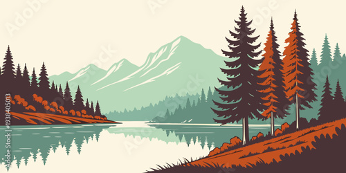 A serene landscape featuring a tranquil lake surrounded by lush green trees and majestic mountains. Vector