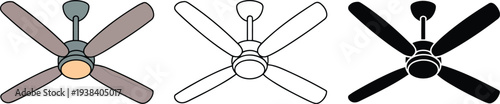 Ceiling fan silhouette & Outline and illustration set isolated on transparent background