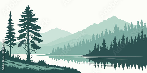 A serene landscape of tall pine trees overlooking a calm lake in a mountainous region Vector