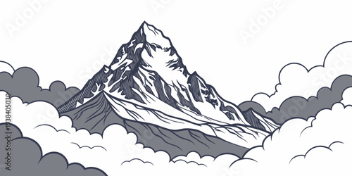Majestic snow covered mountain peak rising above the clouds with a dramatic sky Vector