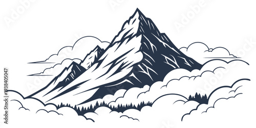 Majestic mountain peak rising above the clouds with snow-covered slopes and rugged terrain. Vector