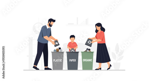 Family sorting recyclable waste together.