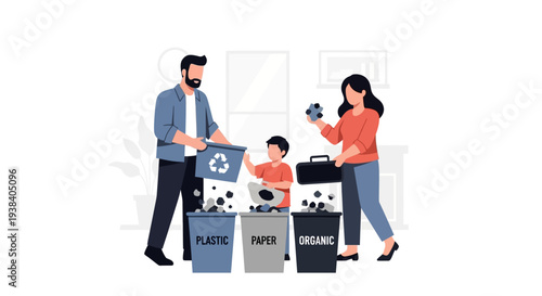 Family recycling with trash bins.