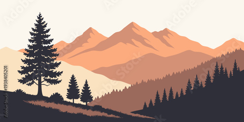Two people hiking in the mountains with a dog, surrounded by trees and scenic views Vector