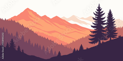 A serene landscape of mountains with a forest and a clear sky at sunset Vector