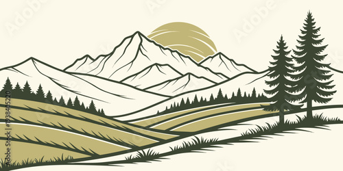 A picturesque landscape of mountains, trees, and a winding river under a clear sky Vector