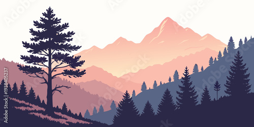 Majestic mountain landscape with a single tree standing tall against a vibrant sunset sky Vector