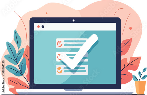 Finestra del browser dell'elenco di controllo. Segno di spunta. Segno di spunta bianco sullo schermo del laptop. Scelta, concetti di indagine. Elementi per banner web, siti web, vettoriale