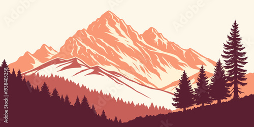 Majestic mountain range with snow capped peaks and dense forest below Vector