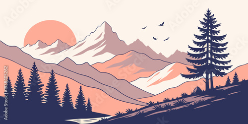 Majestic mountain landscape with snow capped peaks and dense forest at sunrise Vector