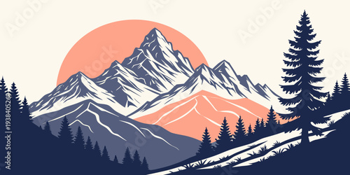 Majestic mountains at dawn with a vibrant orange sky and snow-covered peaks Vector