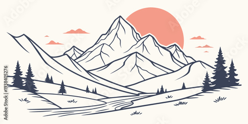 A serene mountain landscape with a vibrant sunset and a calm lake in the foreground Vector