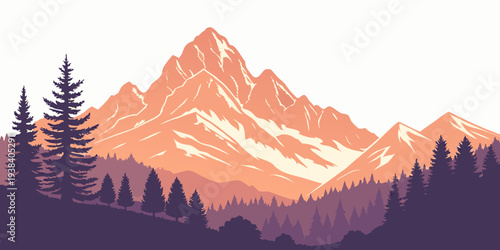 Majestic mountains with a pink hue and evergreen trees at their base Vector