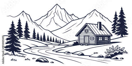 A serene winter landscape with cozy cabins nestled among snow-covered trees Vector