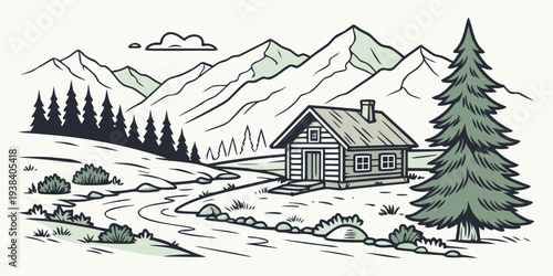 A serene mountain landscape with a cozy cabin nestled among tall pine trees Vector