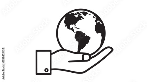 Globe held in a cupped hand with cuff and button detail, clean icon style featuring earth, world, planet with holding and support elements for care,