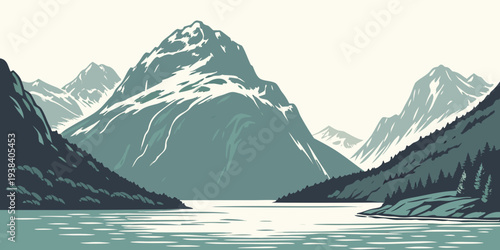 Majestic snow-capped mountains reflected in a serene alpine lake Vector