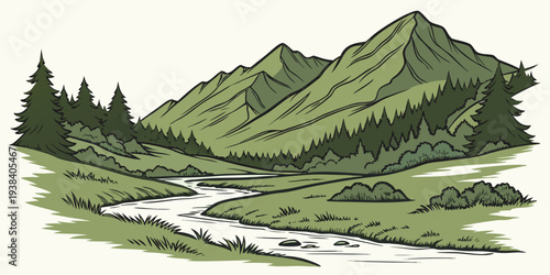 A serene landscape of lush green mountains and a tranquil river flowing through the valley Vector