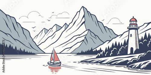 A serene landscape with snow-capped mountains and a lighthouse by the sea Vector