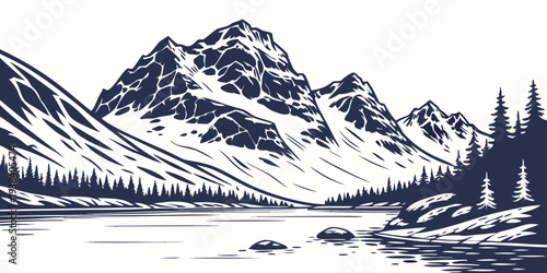 Majestic snow-capped mountains reflected in a serene alpine lake Vector