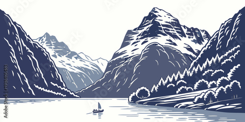 A serene boat journey through a majestic mountain range with snow-capped peaks Vector