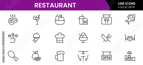 Restaurant line icons set. Restaurant, menu, cooking, drink, chef, table, cafeteria, wine, dish, and eating. Vector illustration